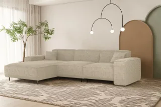 Ecksofa Designersofa GLORIA in Stoff Scala Sand Ottomane Links