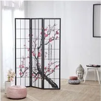 Homestyle4u Paravent Raumteiler Shoji Kirschblüten Muster Sichtschutz Schwarz Indoor Holz (3-teilig), Motiv, faltbar