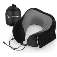 Cozyor Nackenstützkissen Memory Nackenkissen mit verstellbarem Verschluss + praktischer Tasche, Füllung: Memory Schaum Gedächtnisschaum, Bezug: waschbarer Bezug, Set, Nackenhörnchen zum Reisen, klein & kompakt, schwarz Eclipse Serie, auch im Reise-Se