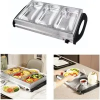 Rungassi Bratpfanne 3 Behälter Speisewärmer Warmhalteplatte Buffetwärmer 2in1 Catering, Edelstahl / Kunststoff