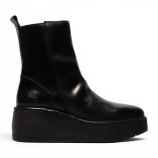 Fly London Damen Schwarze Leder-Keilfersen-Plattformstiefel – HEIJ272