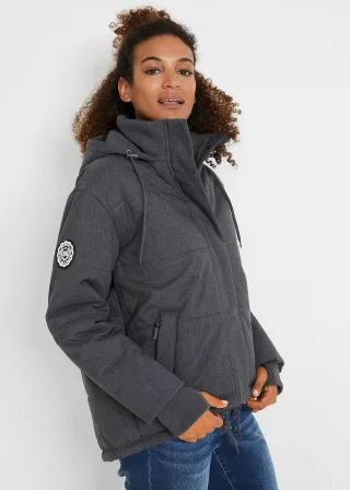 bonprix wasserabweisende Outdoor-Steppjacke Oversized, grau, Gr.50, Outdoor-Winterjacke mit Kapuze und verschließbaren Taschen, überschnittene Schulter, Oversize Fit
