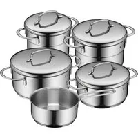 WMF Topf-Set Mini, Cromargan® Edelstahl Rostfrei 18/10 (Set, 9-tlg., Kochtopf 12 + 14 cm, Bratentopf 14 + 16 cm, Stielkasserolle 14 cm), hochwertige Edelstahldeckel, platzsparende Aufbewahrung, Schüttrand