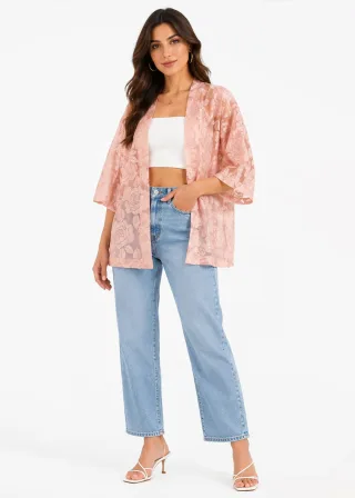 Rosa Kimono-Strickjacke mit Blumenmuster aus Spitze und offener Vorderseite