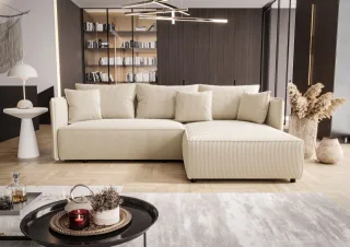OUTLET Ecksofa Schlafsofa EVORA Stoff Poso Creme Ottomane Rechts