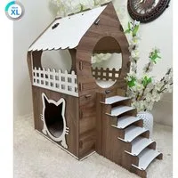 Jungengel Tierhaus Zweistöckiges Katzenhaus aus MDF – Braun & Weiß – in XL, XXL, 3XL, Werkzeugloser Aufbau, Zweistöckig, Balkon mit Rundfenster