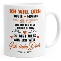 MoonWorks Tasse Kaffeetasse Ich will dich heute und morgen ich liebe dich Geschenk Valentinstag Liebe Spruch MoonWorks®, Keramik
