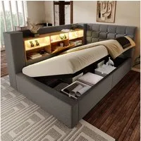 Odikalo Polsterbett 90/140x190/200 cm LED Stauraum Kopfteil Lattenrost Leinen Beige Grau