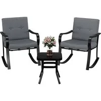 GarveeMore Gartenlounge-Set 2 Schaukelstühle mit warmgrauen Kissen & Glastisch, 3-teiliges Bistro-Set für den Außenbereich,Gartenmöbel-Set für Garten