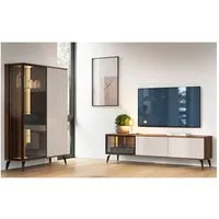 Lomadox Wohnzimmer-Set VIC-160, (Mega-Spar-Set, 2-St., Lowboard Kommode Highboard), Eiche Kaschmir Beige Rillen inkl. Beleuchtung Metallfüße Push-to-open