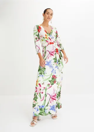 bonprix Maxikleid mit 3/4-Ärmeln, weiß, Gr.48/50 (XL), Fließendes Maxikleid mit V-Ausschnitt