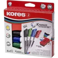 KORES Whiteboard Marker Whiteboardmarker 3mm Rundspitze Set mit 4 Farben + Schwamm