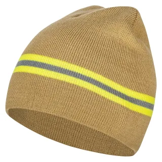 Mütze | PACOTEX® | Helden Beanie | beige mit gelb-silber-gelb Streifen | Feuerwehr-Optik | Wintermütze | Feuerwehrgeschenk
