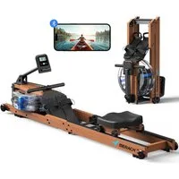 MERACH Rudergerät für Zuhause aus Massivholz, Klappbares Wasserrudergerät (Hochwertige Holzkonstruktion, Dual-Slide-Rail, Kompatibel Kinomap, mit Bluetooth exklusiver APP, interaktiven Karten Spiel, Tabletständer), Leicht zu Montieren, Belastbar bis 