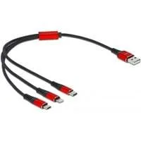 USB Ladekabel, USB-A Stecker > 2x USB-C + Lightning Stecker schwarz/rot, 30cm, gesleevt, nur Ladefunktion
