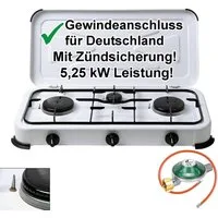 BlueCraft Gaskocher 3 flammig mit Zündsicherung 50mbar Propan Gas Campingkocher 5,25 kW, (mit Schlauch 100 cm und Gas Regler Druckminderer), Camping Gas Kocher 3 flammen für Gasflasche Gasherd Gas-Kochfeld