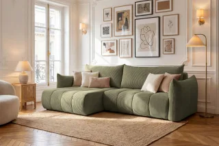 Ecksofa Schlafsofa ONTARIO in Stoff Poso Olivgrün Ottomane Links