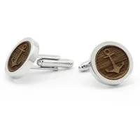 NaturSchatulle Manschettenknöpfe mit Gravur aus Holz und Edelstahl rund für Herren (schwarz/ silber rund, Anker, Lebensbaum, Hirsch Gravur), Cufflinks zur Hochzeit, Anzug, HandMade in Germany, Echtholz