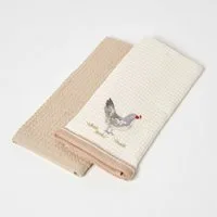 Homescapes Geschirrtuch 2er-Set Geschirrtücher Waffelpiqué mit Huhn-Motiv, 100% Baumwolle
