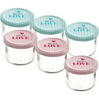 Spetebo Marmeladenglas Marmeladenglas mit bedrucktem Metall Deckel, Glas, (Set, 6-tlg., 6x Einweckglas), Einmachglas mit farbigem Schraubverschluss