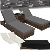 tectake Gartenliege Rattan Sonnenliegen, inklusive 2 Bezugssets und Schutzhülle, Loungeliege Set, 1 St., in Braun, wetterfest und UV-beständig, Tisch mit Staufach, Sicherheitsglasplatte