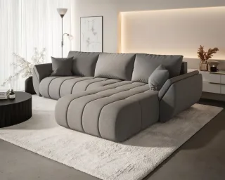 Ecksofa Schlafsofa MISATO Stoff Wind Graubraun Ottomane Rechts