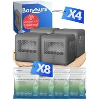 BonAura Luftentfeuchter ohne Strom, für 88 m³ Räume, Tank 0,6 l, 4x Entfeuchter und 8x Luftentfeuchter Nachfüllpack