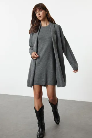 Graues, gerades Mini-Kleid für Damen, lang, lässig/alltagstauglich