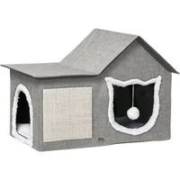 PawHut Tierbett Katzenhütte mit Doppeltüren, Kuschelhöhle mit Kissen, Spielball, MDF, Leinenimitat(100% Polyester), Plüsch, Sisal, 65L x 41B x 45.5H cm