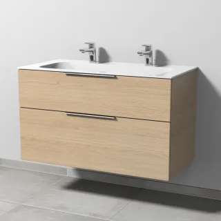 Sanipa 3way Keramik-Set Finion Keramik-Doppelwaschtisch und Unterbau mit 2 Auszügen, Eiche-Nordic UM40348