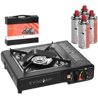 EVOCAMP Gaskocher 1-flammig mit Piezozündung und Tragekoffer für 227 Gaskartuschen, (Campingkocher mit 4 Gaskartuschen, 1-St., stufenlos regulierbare Flamme, tragbar), perfekt für Outdoor-Aktivitäten