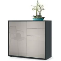 Vladon Kommode Ben V1 (Kommode, mit 2 Türen und 2 Schubladen), Schwarz matt/Sandgrau Hochglanz (79 x 74 x 36 cm)