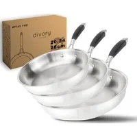divory Pfannen-Set 3er Set, Edelstahlpfannen unbeschichtet, Induktion (Set: 20, 24, 28cm), Edelstahl