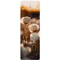 Bilderdepot24 Garderobenpaneel beige Blumen Floral Weiße Mohnblüten im Sonnenuntergang Design (ausgefallenes Flur Wandpaneel mit Garderobenhaken Kleiderhaken hängend), moderne Wandgarderobe - Flurgarderobe im schmalen Hakenpaneel Design