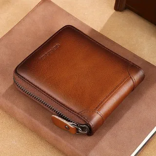Ekphero Men's Genuine Leather Zipper Short Wallet, Vintage Money Clip, Multi-card Card Holder Pocket Coin Purse, Gift Fo