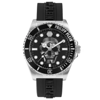 Philipp Plein The Skull Diver 44mm Kautschukarmband schwarz Edelstahlgehäuse schwarz