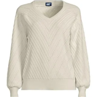 Ajourpullover mit V-Ausschnitt für Damen, Damen, size: regular, Elfenbein, Baumwolle/Nylon/Baumwoll-Mischung, by Lands' End