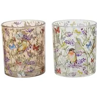 Decoris season decorations Teelichthalter, Teelichthalter Glas 9cm mit Blumenmotiv 1 Stück sortiert Transparent