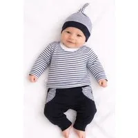 La Bortini Langarmshirt & Hose Baby Anzug Erstlingset Shirt Mitwachshose Mütze in Blau gestreift neutral, geringelt, 44 50 56 62 68 74 80