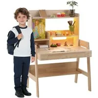 Flieks Kinderschreibtisch Höhenverstellbar, mit LED-Lichtleiste, USB-Anschluss & Schublade (B84/T60/H117-127 cm, 1-St., 1 Tisch), Multifunktionaler Schreibtisch aus Massivholz Naturfarben, ab 6 Jahren