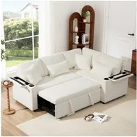 Merax Ecksofa L-förmiges ausziehbares Sofa mit USB-Anschluss, Schlafsofa 1 Teile, mit Stauraum, Getränkehalter, Armlehnenablage & 4 Kissen,Chenille-Samt