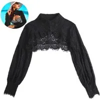 Mutig Wickelbluse Spitze Shrug Jäckchen, mit falschem Kragen und halbem Hemdblusenkragen (Damen Spitze Trachtenbluse, Spitze Bluse Damen Elegant Pullover Tops, Geeignet für Abendessen und Partys, Hochzeitsfeiern, Alltagslook)