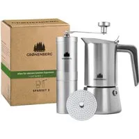 GRØNENBERG Espressokocher Spar Set 2: Kaffeemühle manuell + Edelstahl Espressokocher (4l6 Cup), 0.2l Kaffeekanne, Mokkakanne Induktion geeignet & Inkl. Ersatz Dichtung
