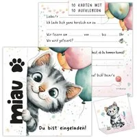 TOBJA Einladungskarten XXL Einladungskarten Katze 10er Set 14,8cm inkl Sticker, Kindergeburtstag Mädchen Geburtstag Einladung Kinder