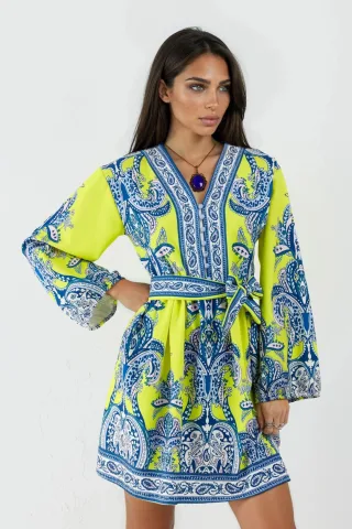 V-Ausschnitt Paisley A-Linie Mini-Kleid mit Knöpfen