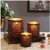 Marrakesch Orient & Mediterran Interior Teelichthalter 3er Set Orientalisches Teelichthalter Zalia aus Metall, Schwarz 14 cm (3 St), Handarbeit