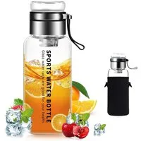 Coonoor Trinkflasche Glasflasche 1L - Wasserflasche Trinkflasche Glas mit Neoprenhülle, Glastrinkflasche mit Edelstahl-Sieb, Glasdeckel als Becher verwendbar