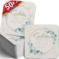 Funke & Brand Bierdeckel Eukalyptus "Schön, dass du da bist" 50 Stück - Tischdeko Hochzeit