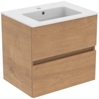 Ideal Standard Möbelpaket Eurovit+ m.WT 61cm Weiss u.Schrank 60cm 2 Ausz. Hamilton Eiche, R0572Y8 R0572Y8