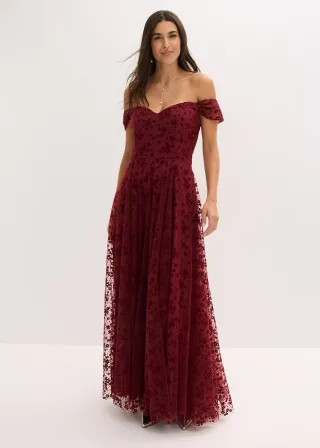 bonprix Abendkleid mit bezaubernder Blumenstickerei, rot, Gr.42, Romantisches Abendkleid aus zartem Tüll mit Blumenmuster und Carmen-Ausschnitt
